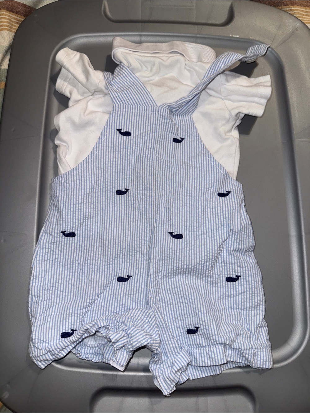Starting Out Light Blue & White Seersucker Whale Overalls - Picture 2 of 2